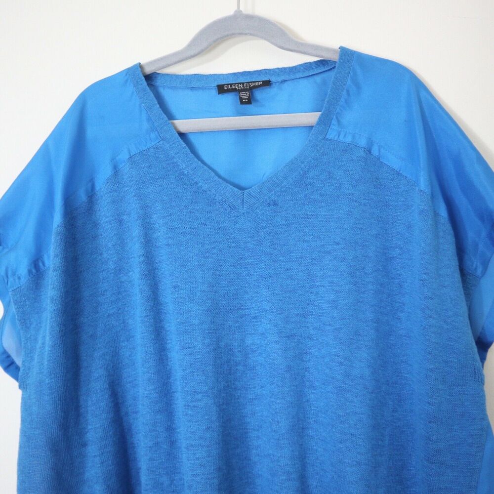 Eileen Fisher Size PS Silk Charmeuse Linen Knit Top Blue V Neck - Picture 2 of 12